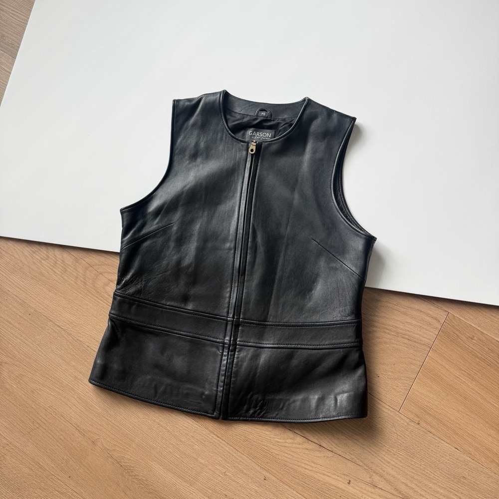 Vintage Black Leather Vest Zip Up Small Rem Garson 90s Minimalist Chic Biker